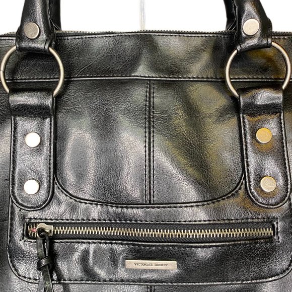 Victoria's Secret Black Faux Leather Carry On Over Night Weekender Travel Bag - Picture 2 of 12